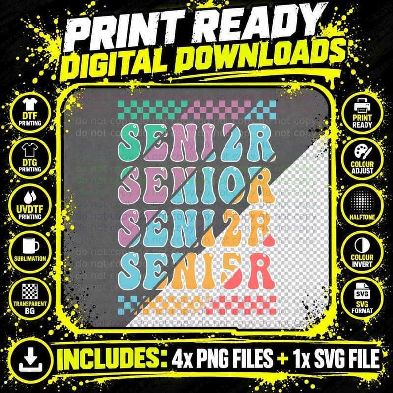 Senior Graduation T-Shirt, Pixelated Multicolor Text Png SVG Digital Bundle