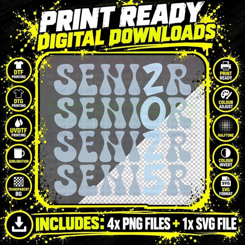 Senior Graduation T-Shirt, Repeating Senior Text Black Png SVG Digital Bundle