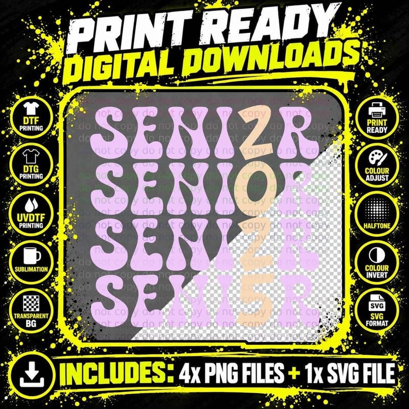 Senior Graduation T-Shirt, Repeating Senior Text Colors Png SVG Digital Bundle