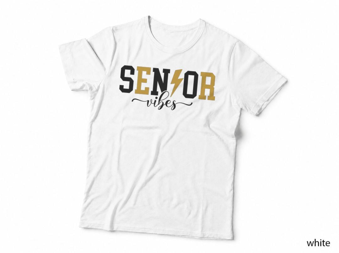 Senior Vibes Graduation T-Shirt, Black and Gold Letters Lightning Bolt Grad Tee