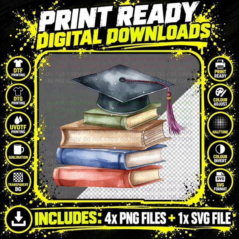Stacked Books with Grad Cap Top Graduation T-Shirt Png SVG Digital Bundle