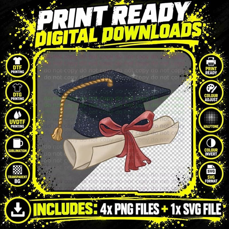 Starry Cap Gold Tassel Diploma Graduation T-Shirt Png SVG Digital Bundle