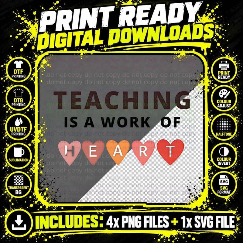 Teaching Is a Work of Heart Lettering & Red Text T-Shirt Png SVG Digital Bundle