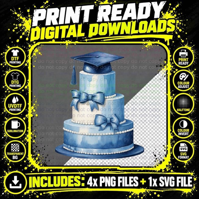 Three Tier Cake Grad Cap Top Graduation T-Shirt Png SVG Digital Bundle