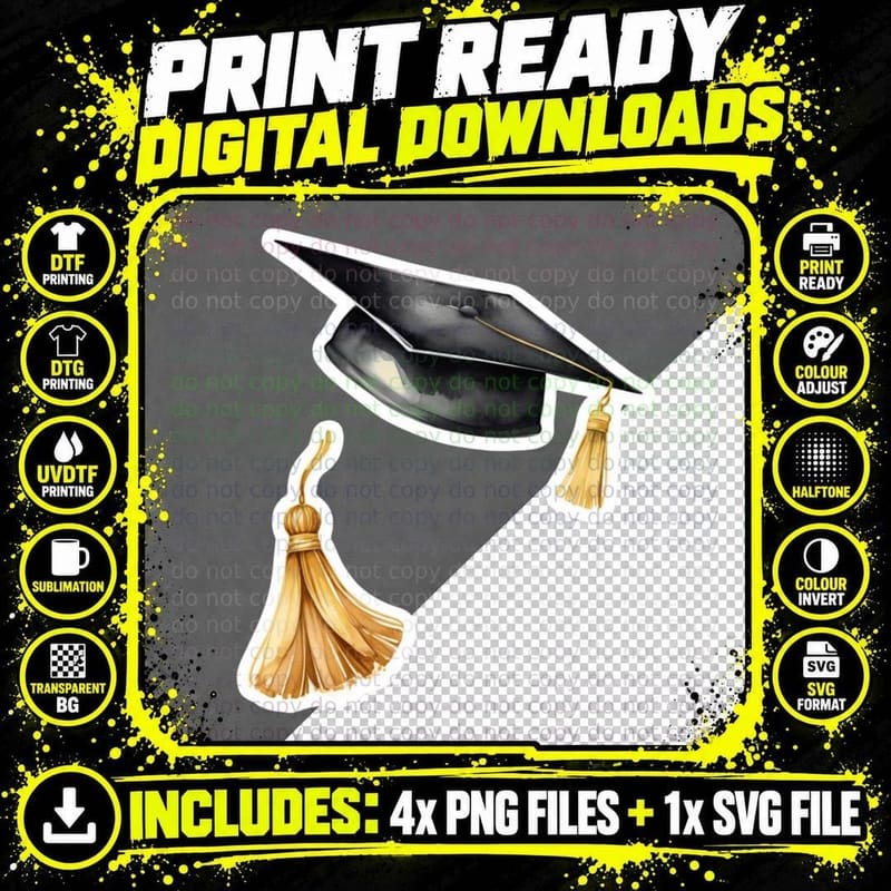 Two Grad Cap Stickers Gold Tassel Graduation T-Shirt Png SVG Digital Bundle