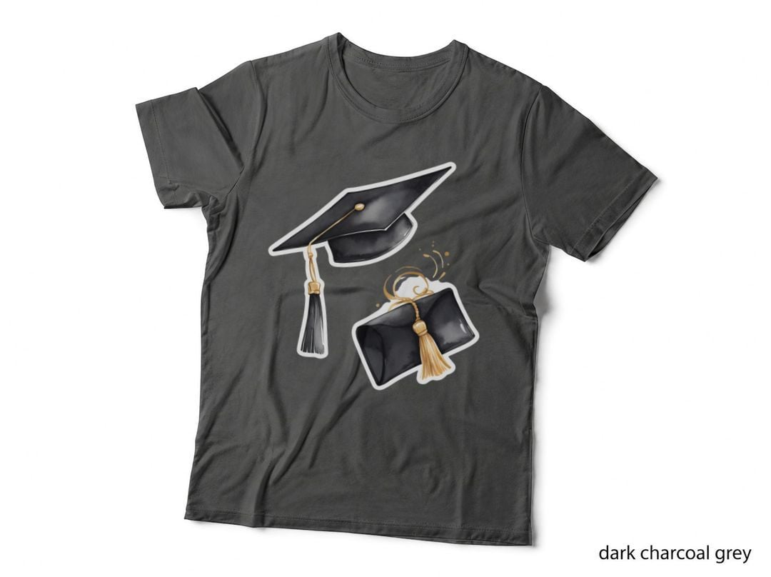 Two Grad Cap Stickers Gold Tassels Graduation T-Shirt, Senior Grad Graphic Tee