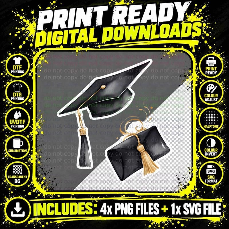 Two Grad Cap Stickers Gold Tassels Graduation T-Shirt Png SVG Digital Bundle