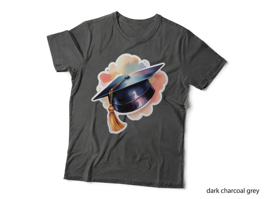 Watercolor Cap Tassel Clouds Graduation T-Shirt, Senior Grad Graphic Tee
