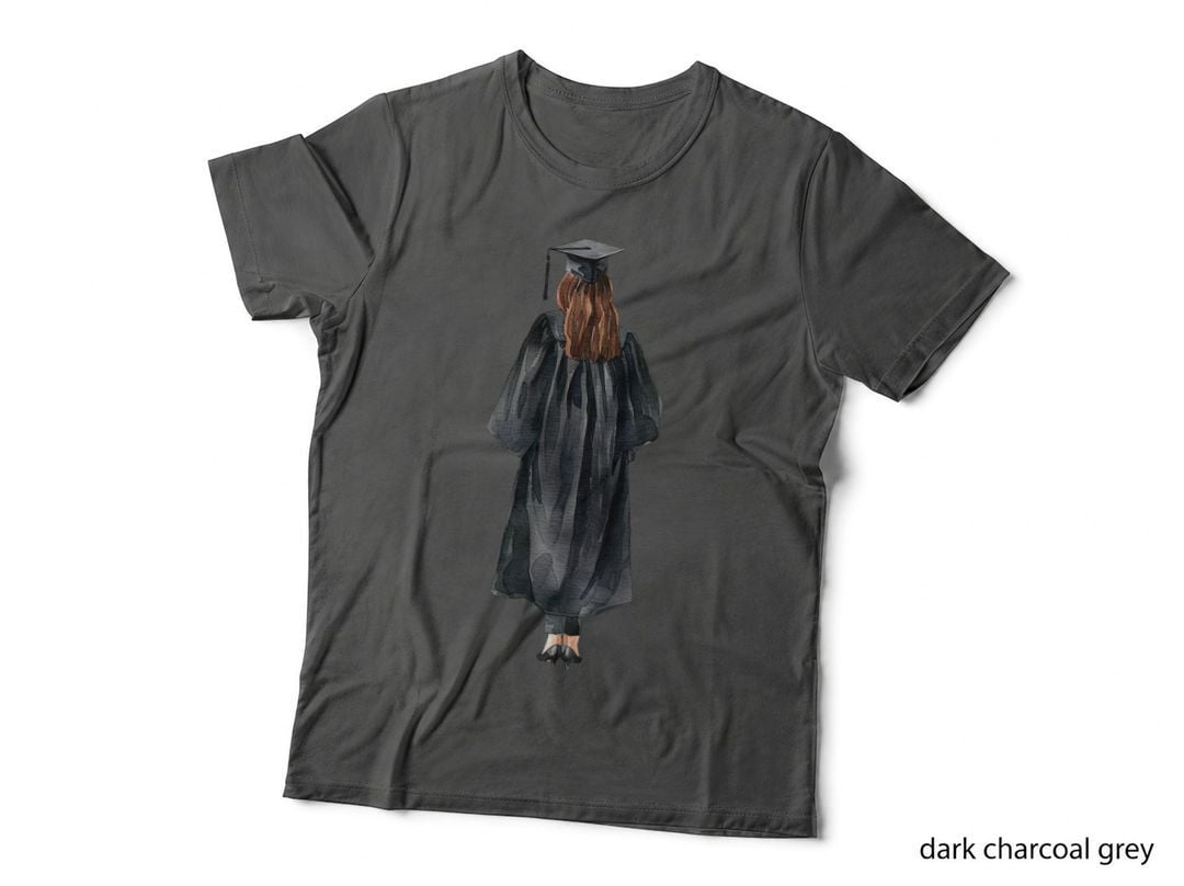 Woman Black Gown Cap Red-Brown Hair Graduation T-Shirt, Senior Grad Graphic Tee