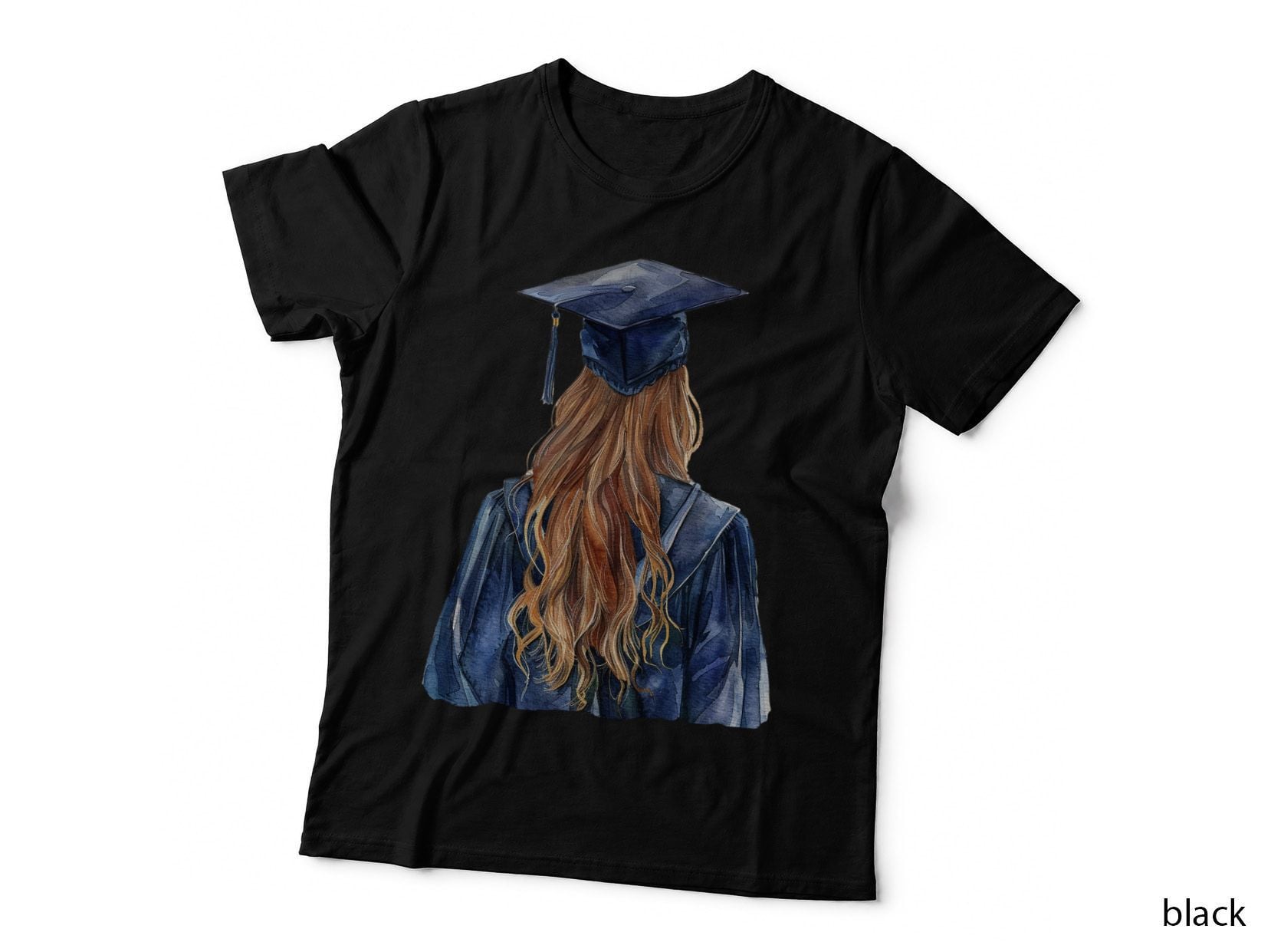 Woman Blue Gown Back Brown Hair Graduation T-Shirt, Senior Grad Graphic Tee