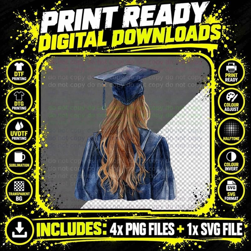 Woman Blue Gown Back Brown Hair Graduation T-Shirt Png SVG Digital Bundle
