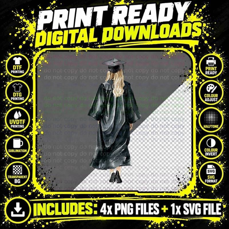 Woman Graduate Back View Black Gown Graduation T-Shirt Png SVG Digital Bundle