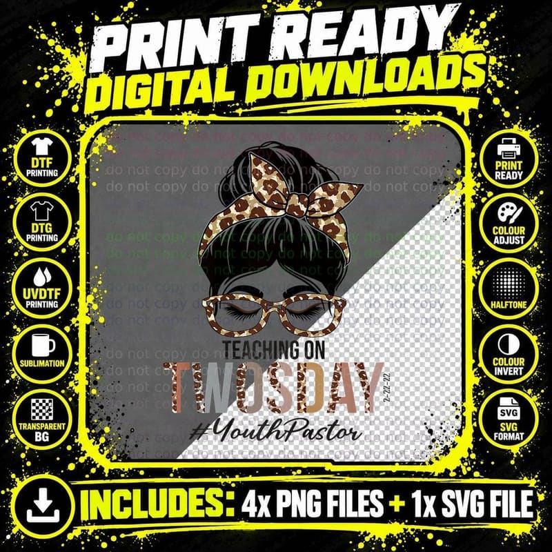Youth Pastor Messy Bun Leopard Teaching on Twosday 22222 Png SVG Digital Bundle