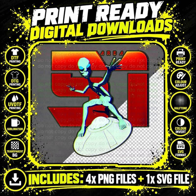 51 Area Alien UFO Green Man Flying Saucer Abduction Png SVG Digital Bundle