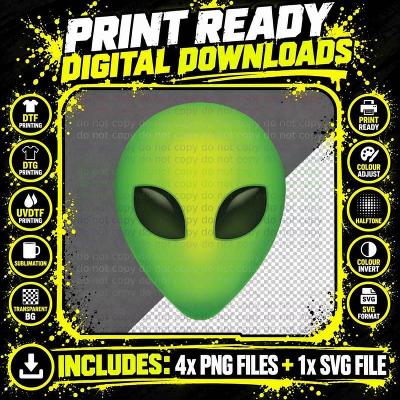 Alien Head T Shirt Colorful Alien Rave Tee, Sci-Fi Png SVG Digital Bundle
