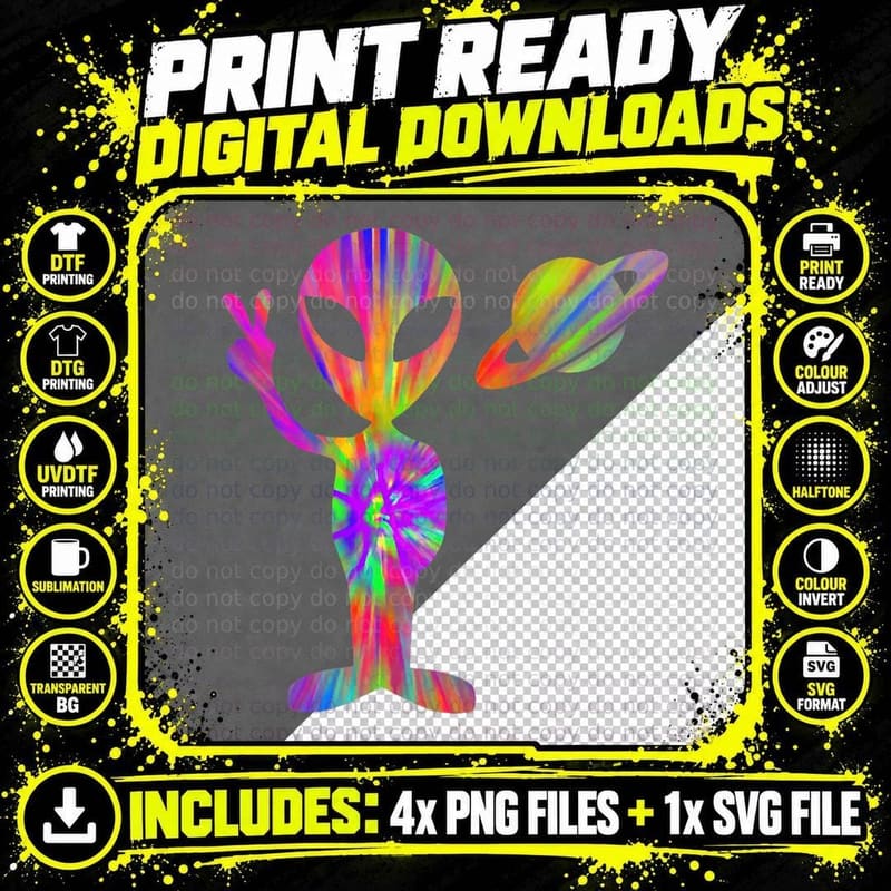 Alien Hippie Saturn Silhouette I Aliens UFO Roswell Tie Png SVG Digital Bundle