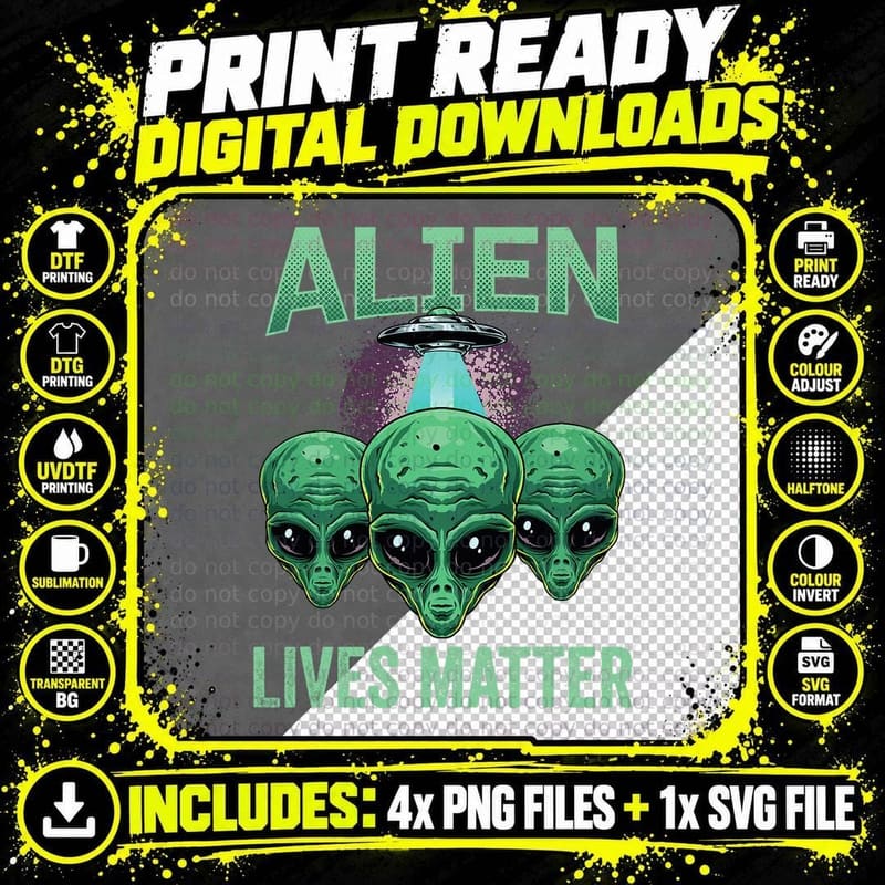 Alien Lives Matter Alien Raid Run Rush Alien Head Saying Png SVG Digital Bundle