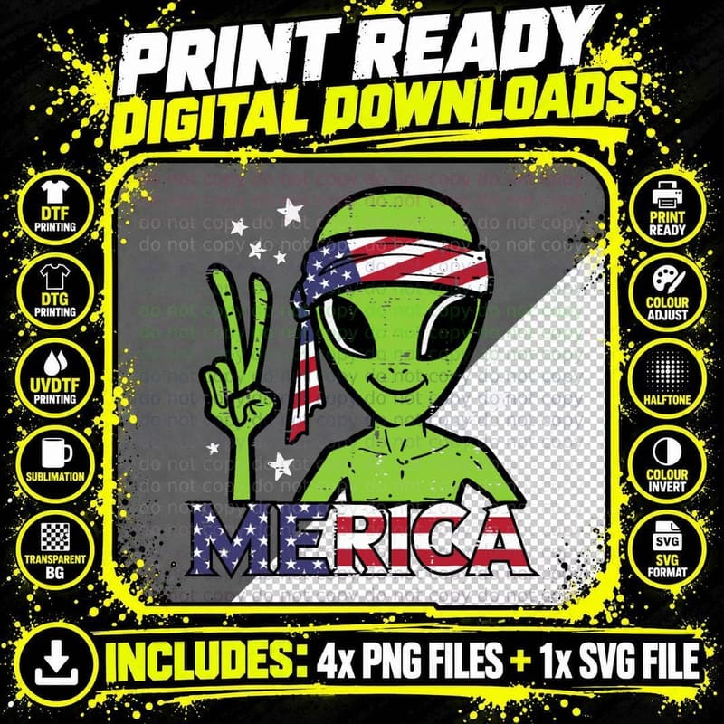 Alien Peace Hand Merica Fourth July 4th Patriotic Space Png SVG Digital Bundle