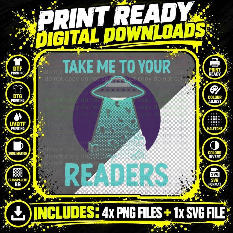 Alien Reading Book Nerd, Sci-Fi Fan Gift, Space Themed Png SVG Digital Bundle