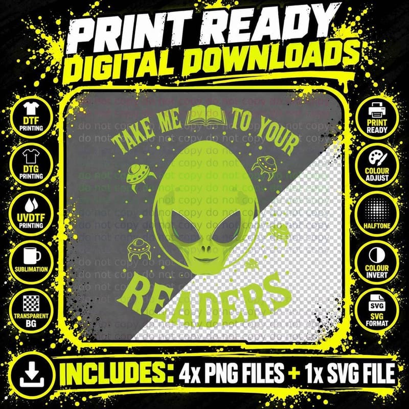 Alien Reading Pun Book Lover Nerd T-Shirt Png SVG Digital Bundle