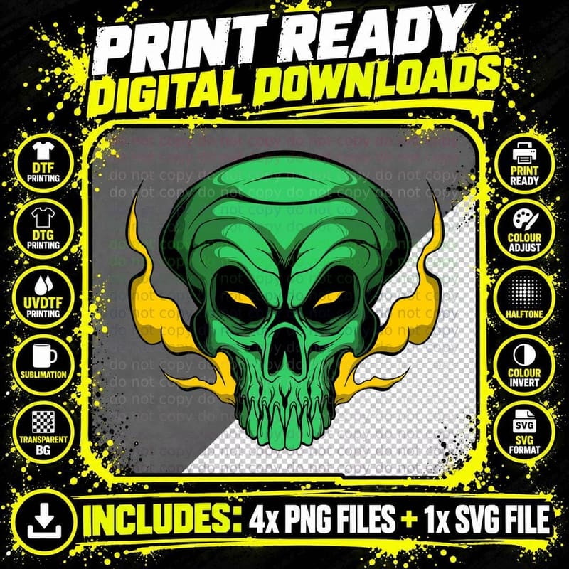 Alien Skull Green Flames Yellow Eyes Supernatural T-Shirt Png SVG Digital Bundle