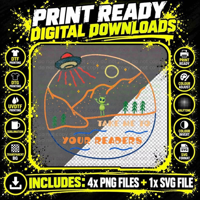 Alien UFO Read Book Reading Books Take Me to Your Png SVG Digital Bundle