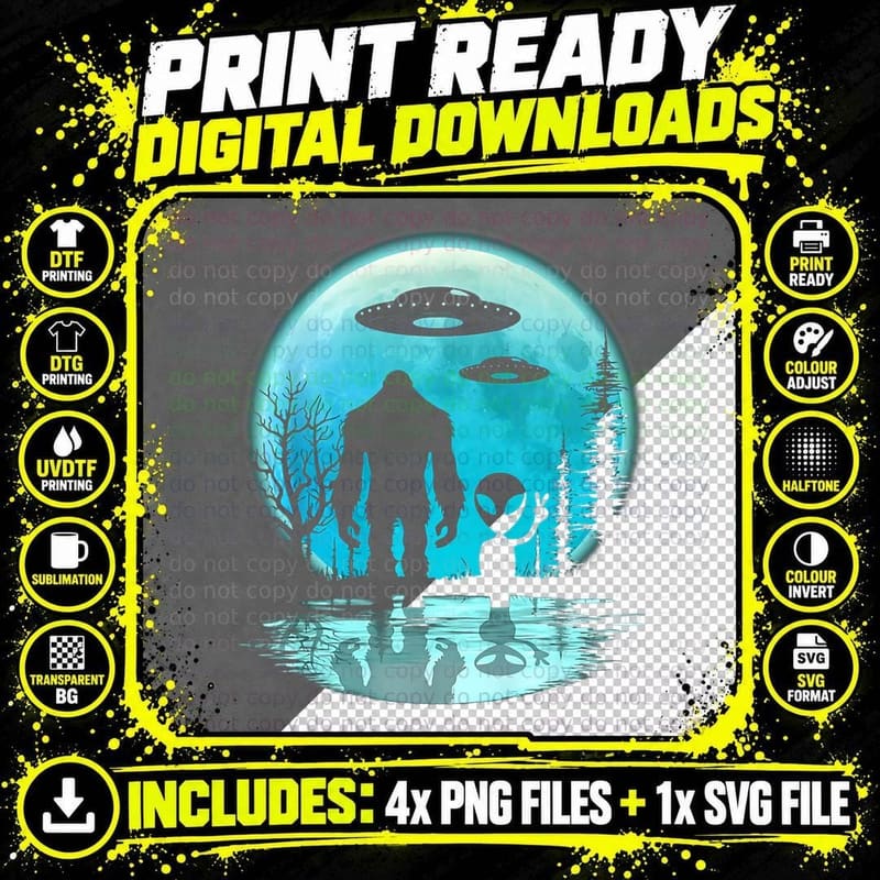 Alien and Bigfoot Moon Premium, UFO, Cryptid, Conspiracy Png SVG Digital Bundle