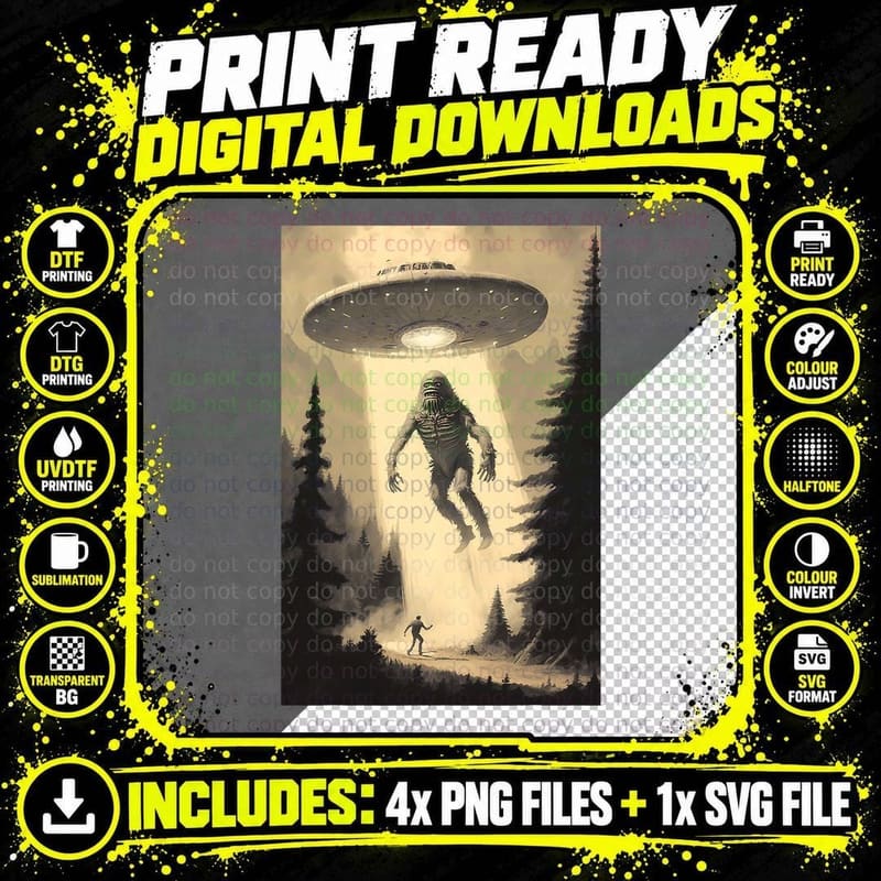 Alien and Bigfoot UFO, Bigfoot Alien Abduction Png SVG Digital Bundle