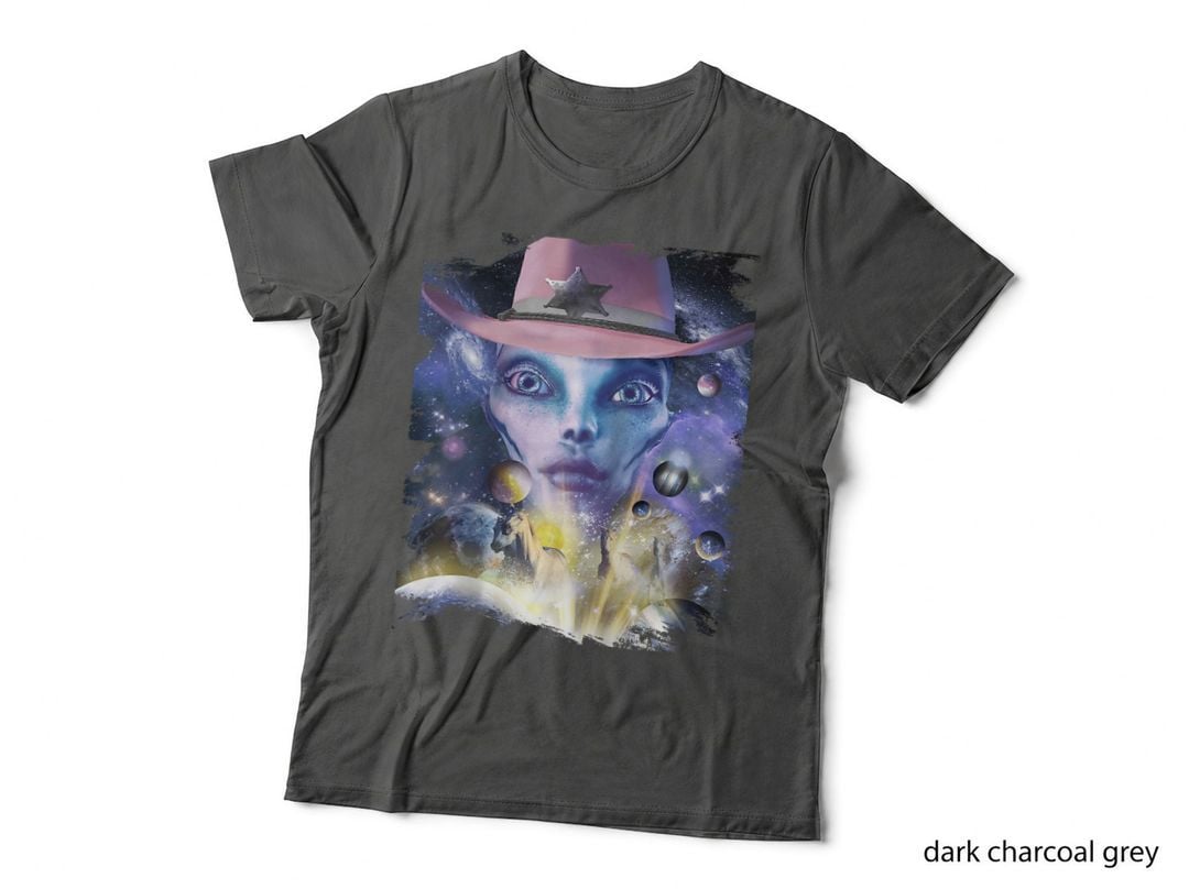 Alien in Pink Cowboy Hat, Galloping Cosmic Horses in Space T-Shirt