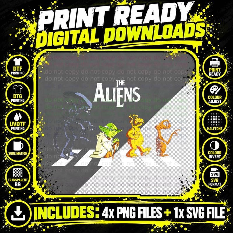 Aliens Abbey Road Sci-Fi Parody, Xenomorph Yoda Alf and Png SVG Digital Bundle