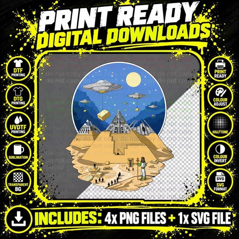 Aliens Building Egyptian Pyramids T-Shirt Png SVG Digital Bundle