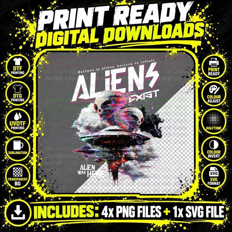 Aliens Exist Alien Was Here Glitch Art Ufo Rainbow Png SVG Digital Bundle