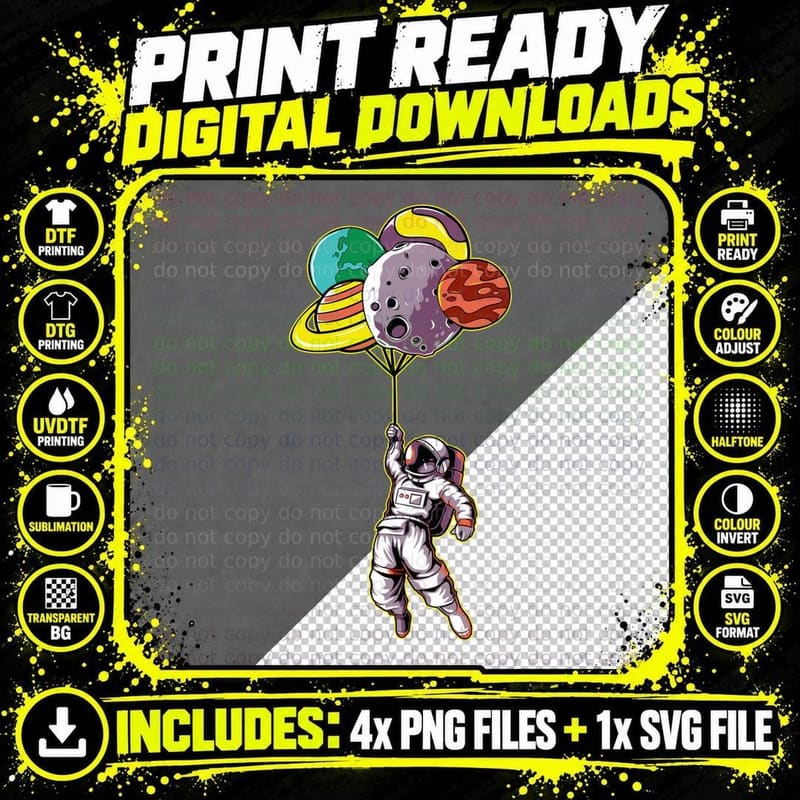 Astronaut Balloons Holding Colorful Planet Playful Png SVG Digital Bundle