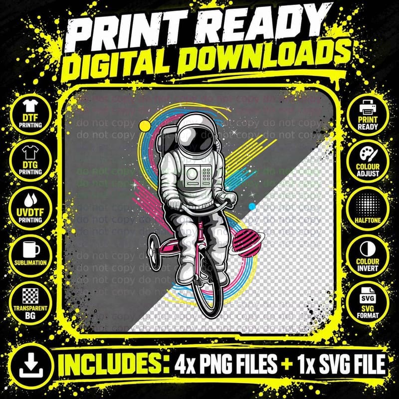 Astronaut Bicycle on Rainbow Neon Trails T-Shirt Png SVG Digital Bundle
