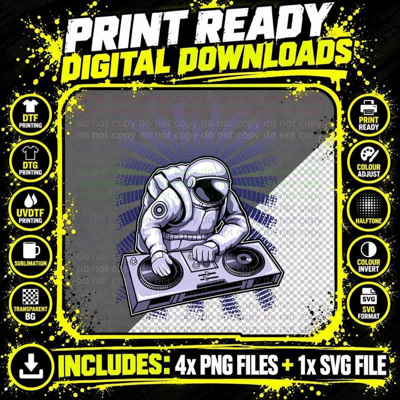 Astronaut DJ Djing Turntables Purple Halftone Effect Png SVG Digital Bundle