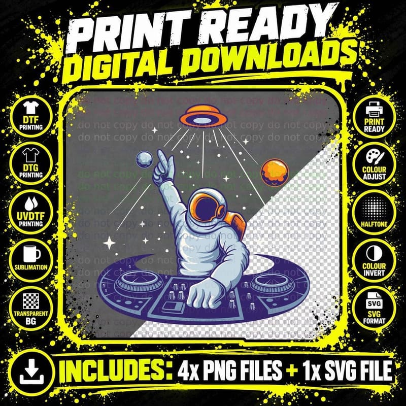 Astronaut DJ Mixing Turntables Planets T-Shirt Png SVG Digital Bundle