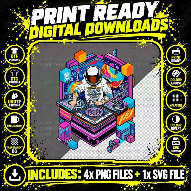 Astronaut DJ, Djing in Space, EDM Cool Graphic T-Shirt Png SVG Digital Bundle