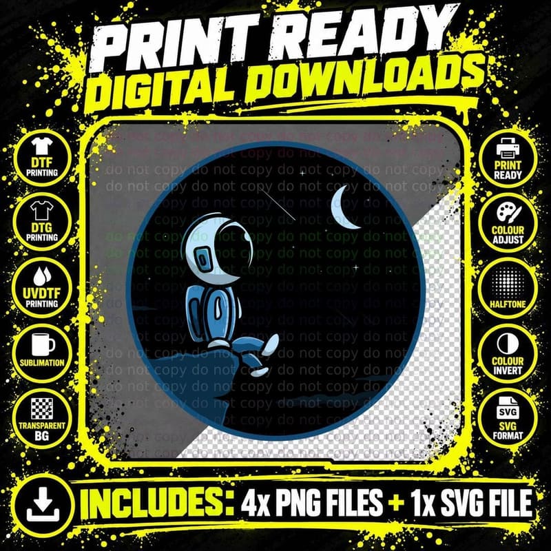 Astronaut Moon Blue Black Space Lonely T-Shirt Png SVG Digital Bundle