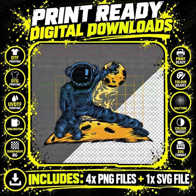 Astronaut Moon Yellow Planet Space Sci-Fi T-Shirt Png SVG Digital Bundle