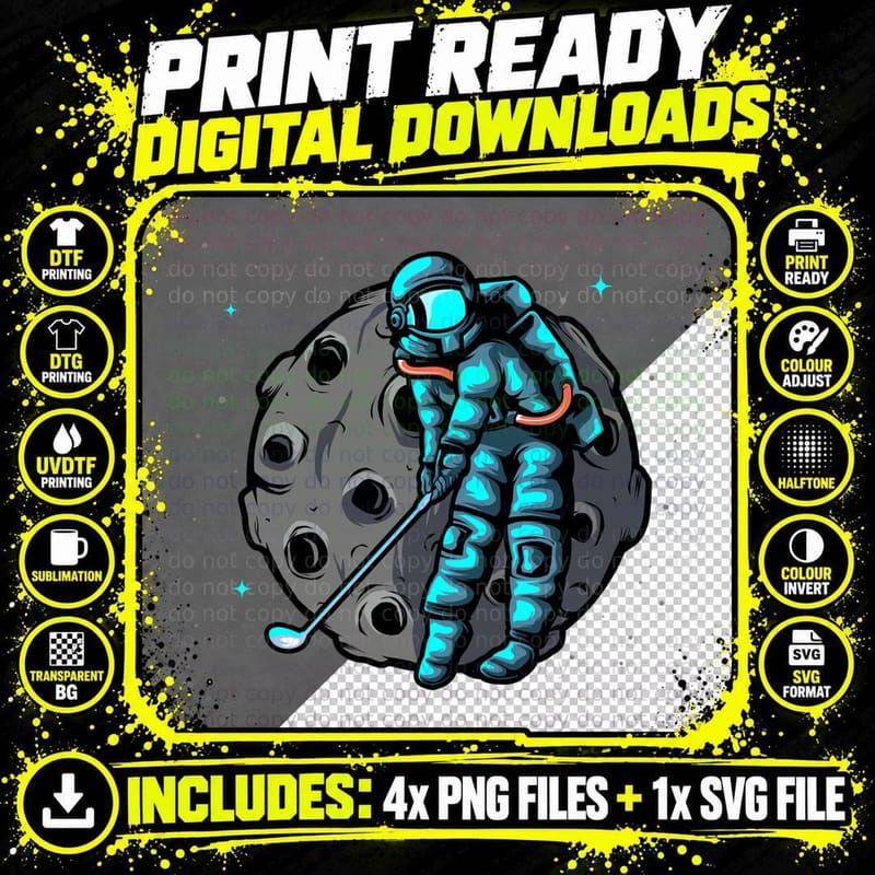 Astronaut Moon on Grey Cyan Space T-Shirt Png SVG Digital Bundle