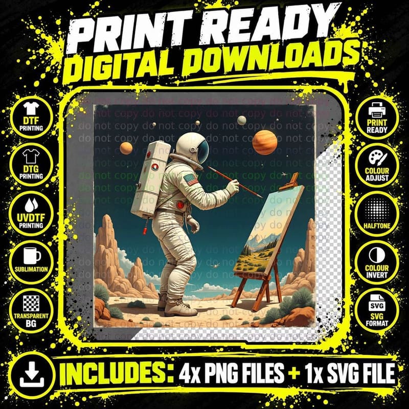 Astronaut Painting a Tiny Landscape T-Shirt Png SVG Digital Bundle