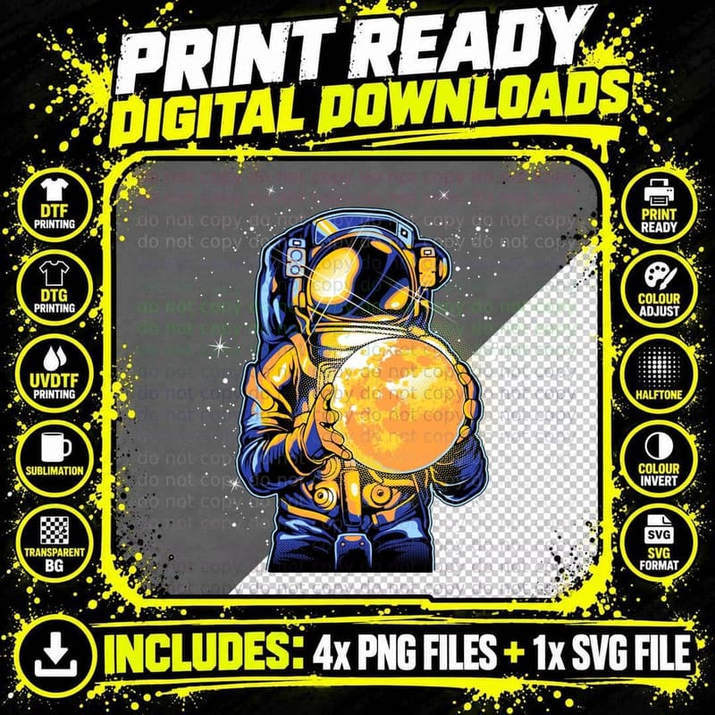 Astronaut Planet Holding Golden Space Stars T-Shirt Png SVG Digital Bundle