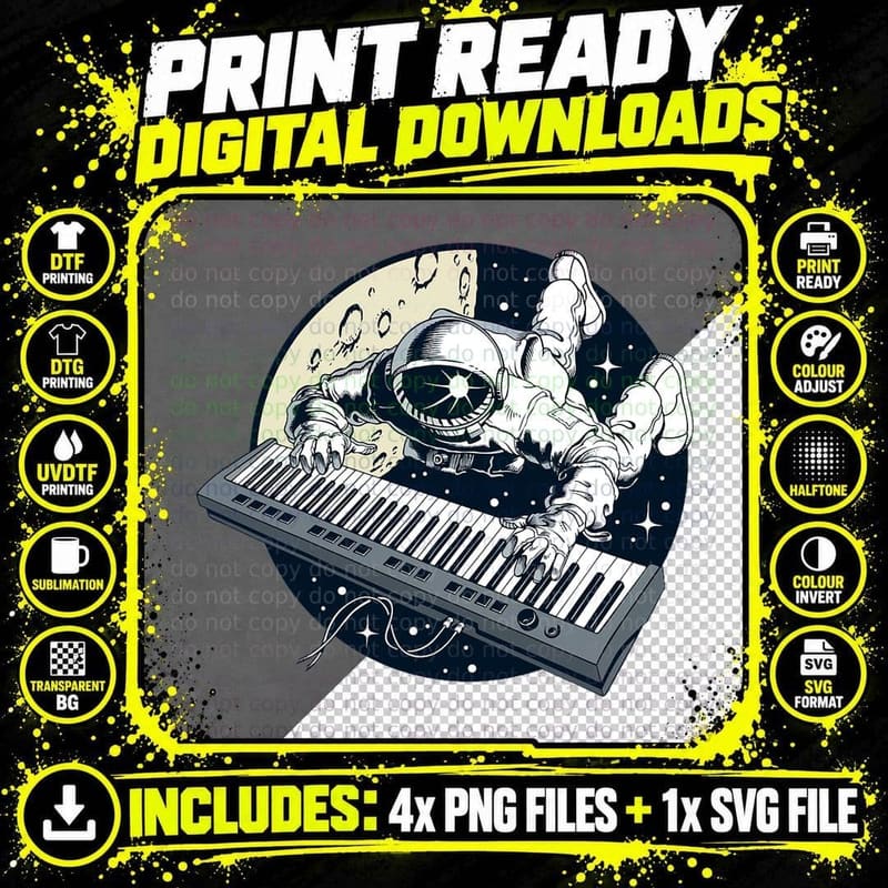 Astronaut Playing Keyboard in Space Rocking Graphic Png SVG Digital Bundle