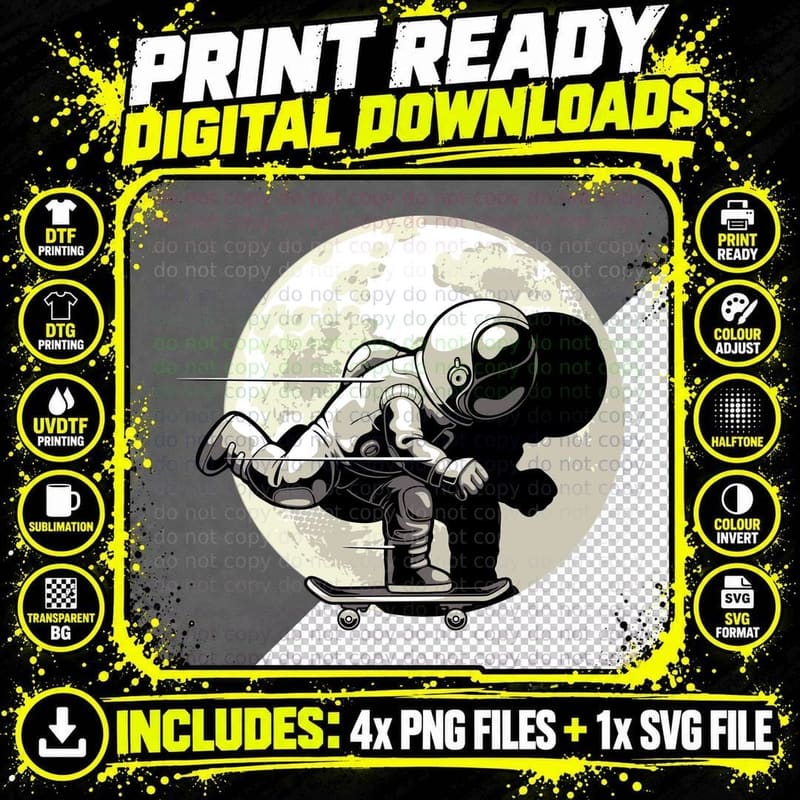 Astronaut Skateboard Moon Skateboarding with Full T-Shirt Png SVG Digital Bundle