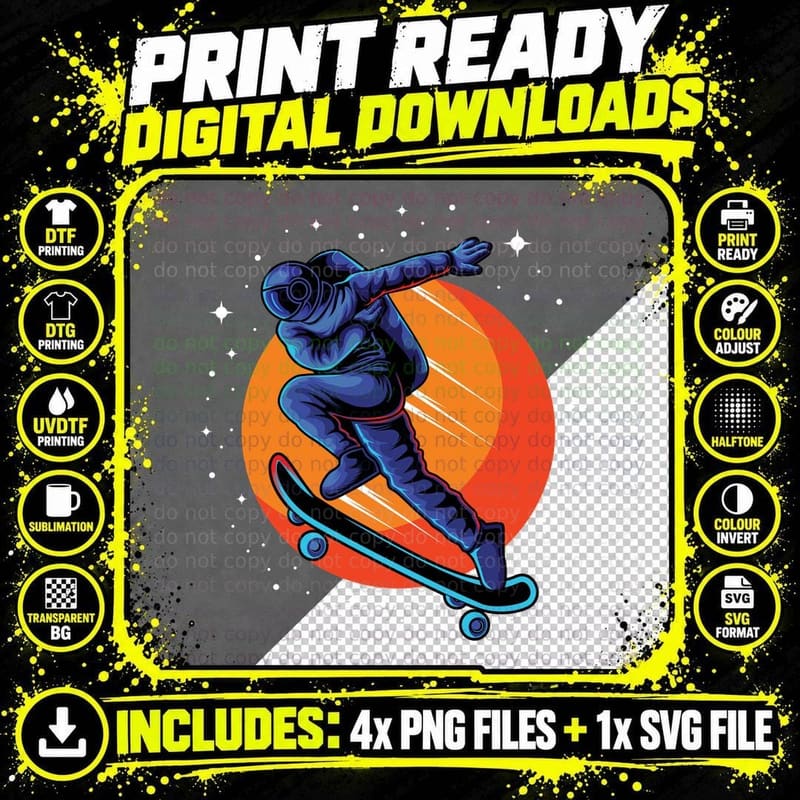 Astronaut Skateboarding Orange Planet T-Shirt Png SVG Digital Bundle