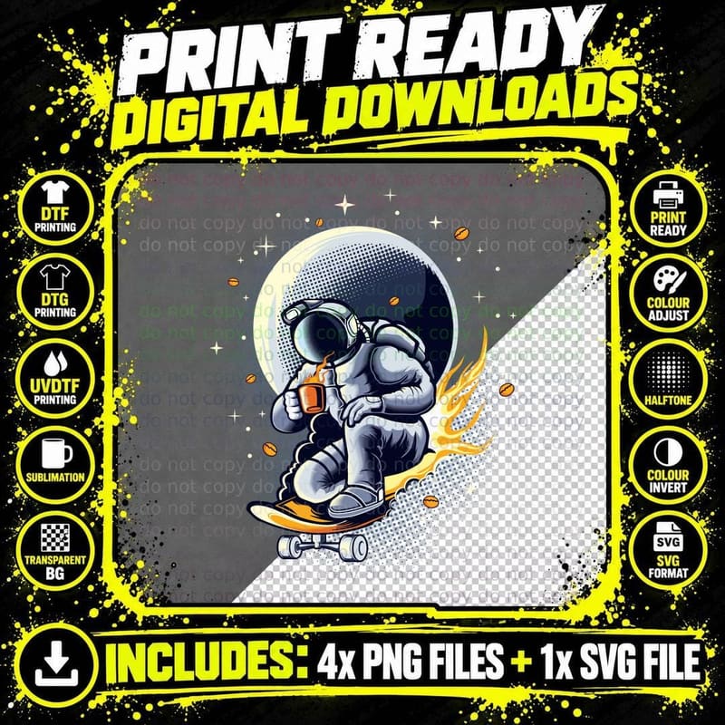 Astronaut Skateboarding Space Moon Stars T-Shirt Png SVG Digital Bundle
