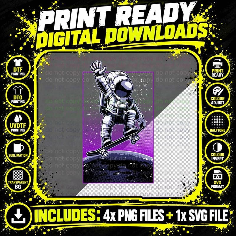 Astronaut Skater Reach for the Star Skateboard Space Png SVG Digital Bundle