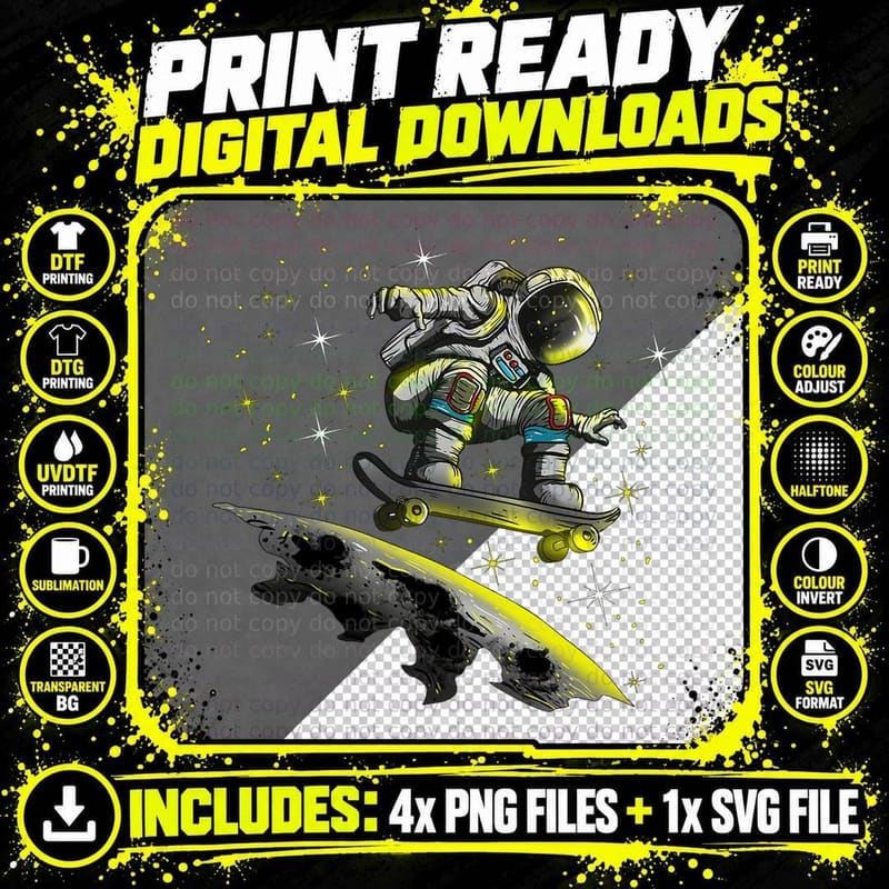 Astronaut Skater Skateboarde Space Skating Moon Surface Png SVG Digital Bundle