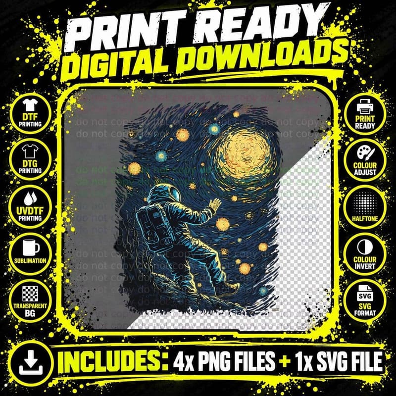 Astronaut Space T-Shirt, Van Gogh Starry Night Png SVG Digital Bundle