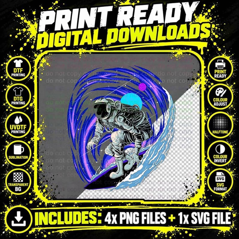 Astronaut Surfing in Outer Space Surfer Surfboarder Png SVG Digital Bundle